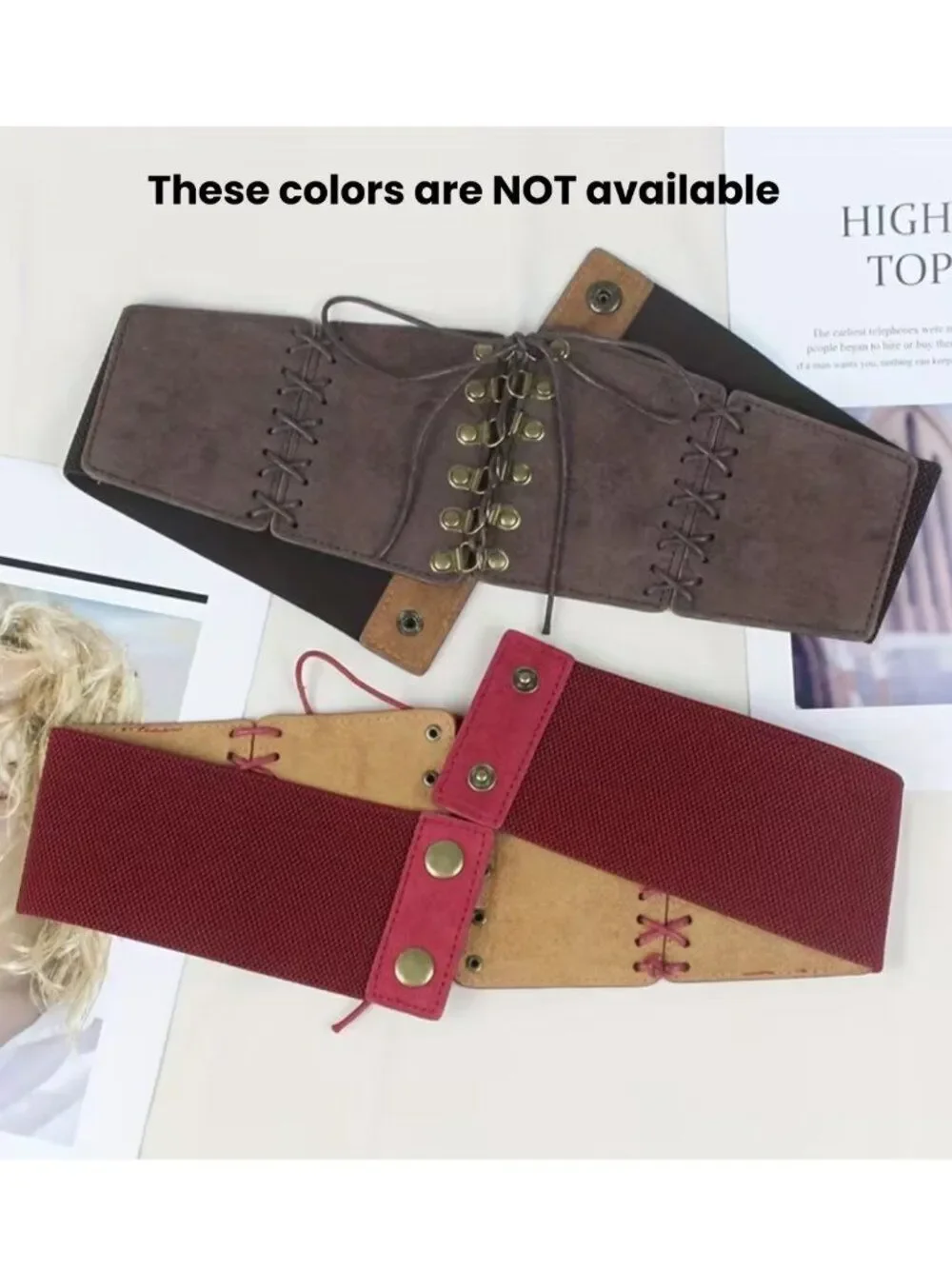 NWT Vintage Suede Lace Up Elastic Corset Waist Belt Cinch Black Coffe-Brown